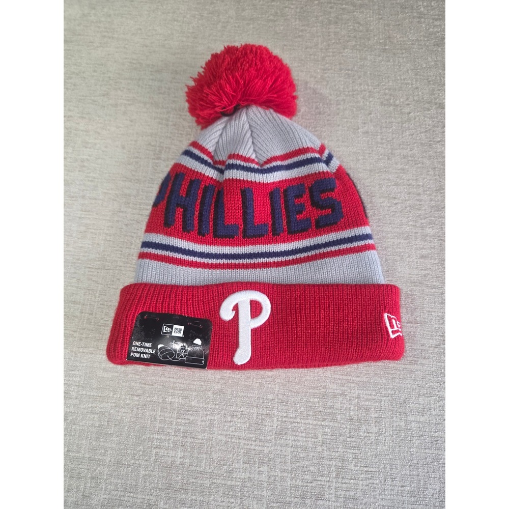 New Era Philadelphia Phillies Pom Beanie Hat Gray Red One Size MLB NWT